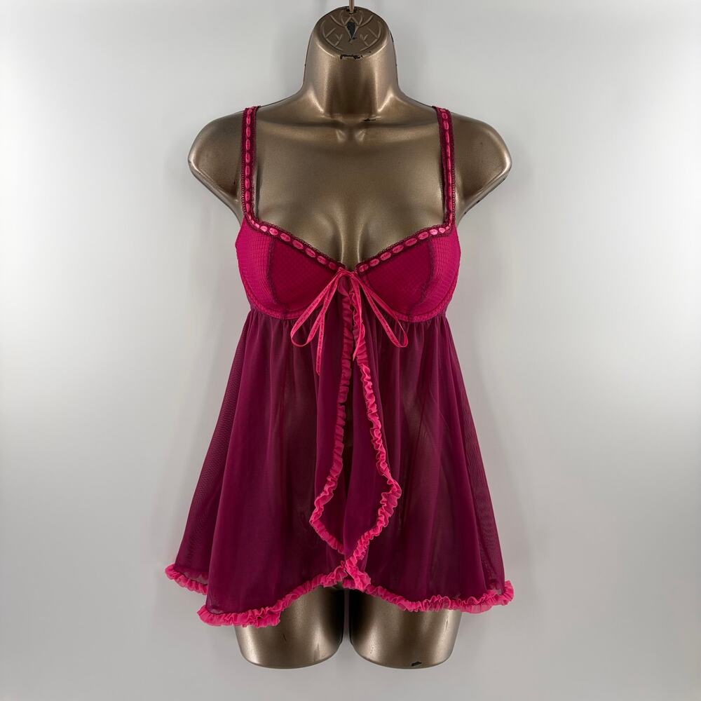 Victoria’s Secret Sexy Little Things Sheer Mesh Babydoll Lingerie 36B Berry Pink
